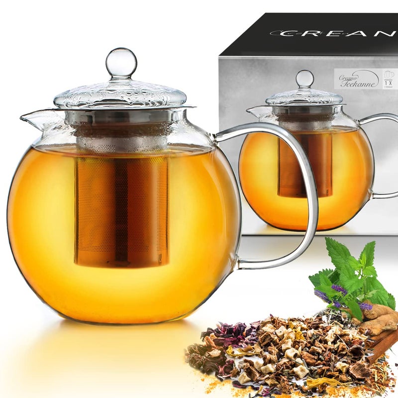 Creano glass teapot 44 oz (1300ml), tea maker with integrated stainless steel infuser and glass lid, ideal for preparing loose teas, drip-free, all-in-one - Image 1